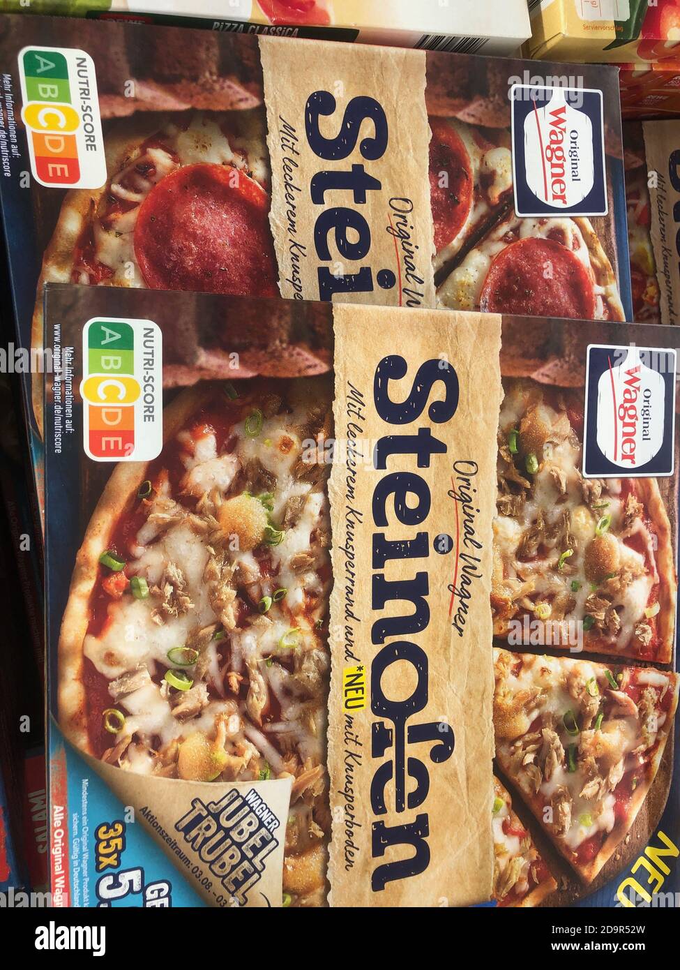 Berlin, Germany. 05th Nov, 2020. Two stone oven pizzas from the Wagner  company with different Nutri-Score lie next to each other. The left one is  the pizza "Diavolo" and the right one