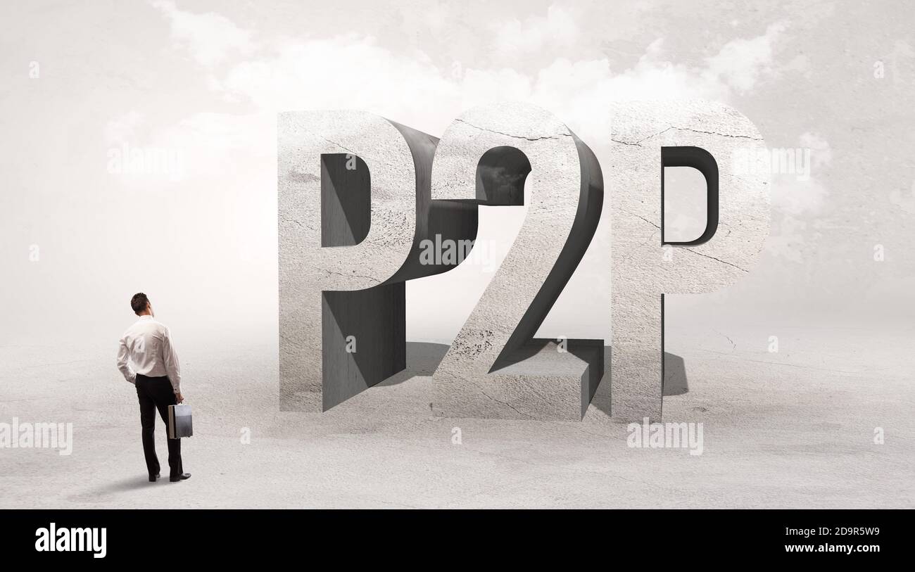 Rear view of a businessman standing in front of P2P abbreviation