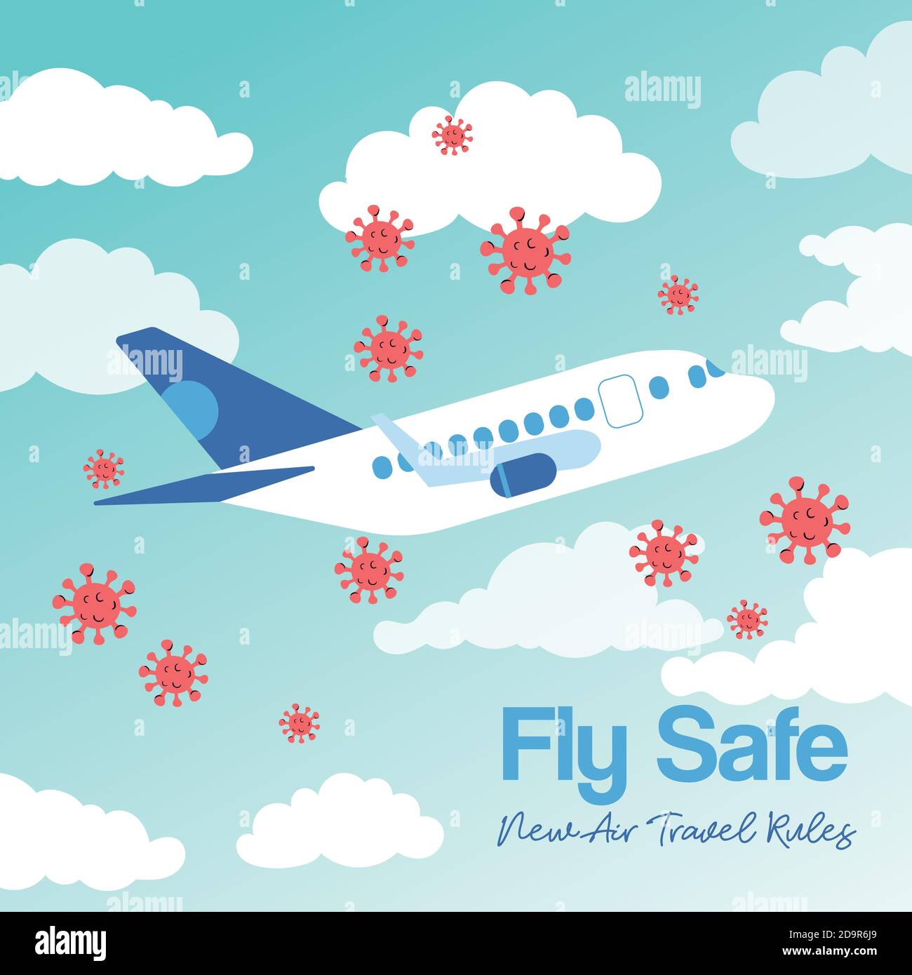 fly safe campaign lettering poster with airplane flying and covid19 particles vector