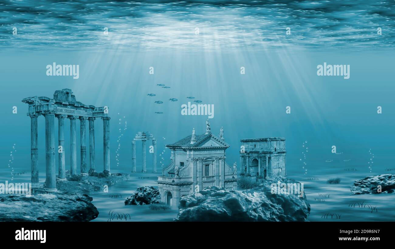 Illustration - Ruins of the Atlantis civilization. Underwater ruins Stock Photo