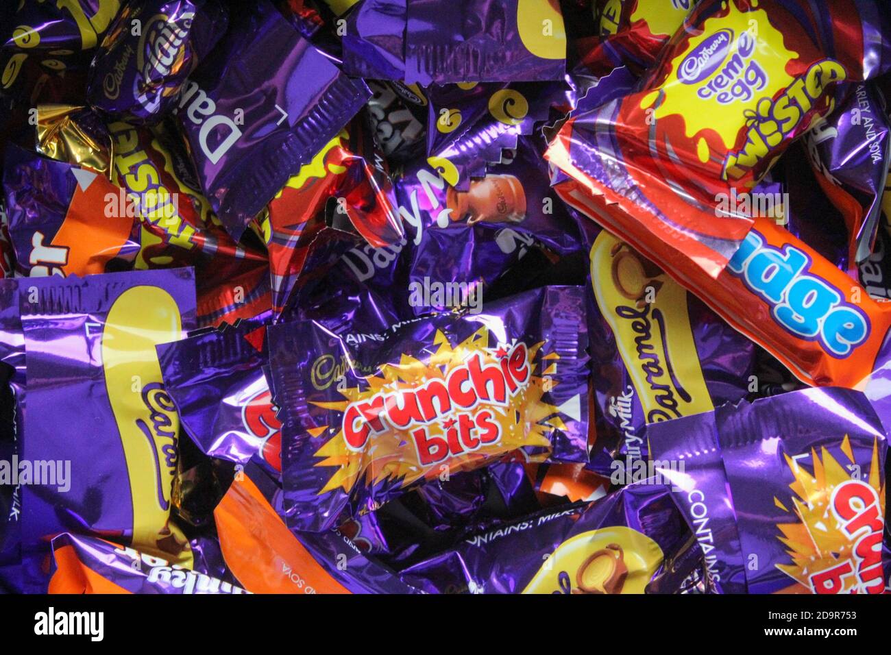 Close-up of the variety of chocolates from a box of Cadbury's Heroes Stock Photo