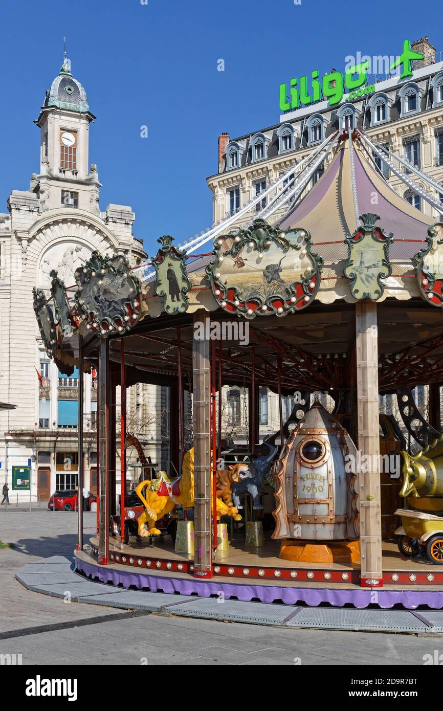 LYON, FRANCE, March 31, 2019 : The Carrousel du Pont de la Guillotière and Palais de la Mutualité. Stock Photo