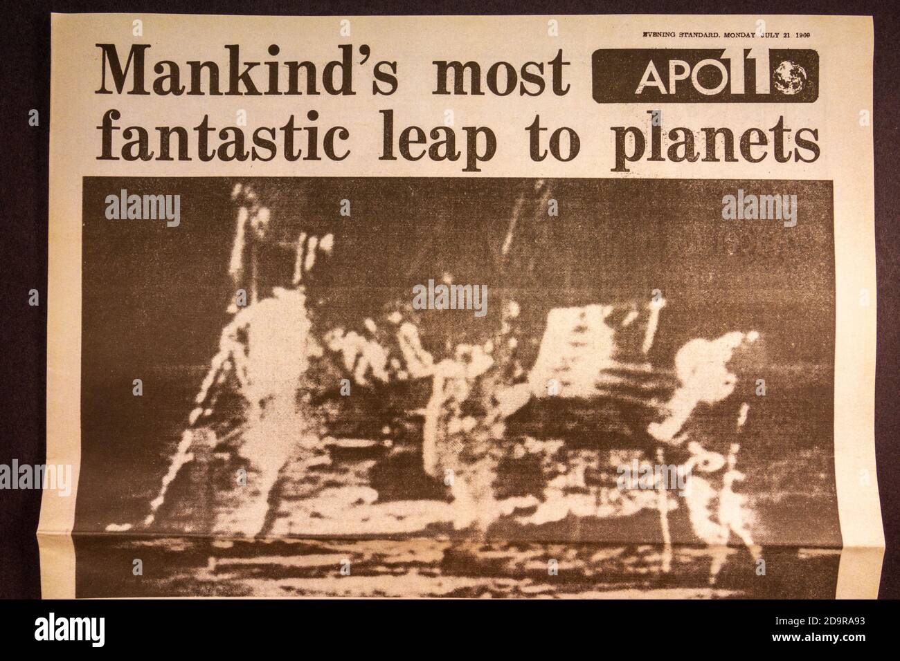 Moon photo inside an Evening Standard souvenir newspaper (replica) for the Apollo 11 Moon landings on 21st July 1969. Stock Photo