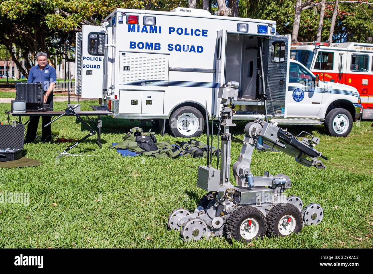 Miami Florida,Bayfront Park display exhibit exhibition,anti terrorism related vehicles equipment,Department of Homeland Security bomb retrieving robot Stock Photo