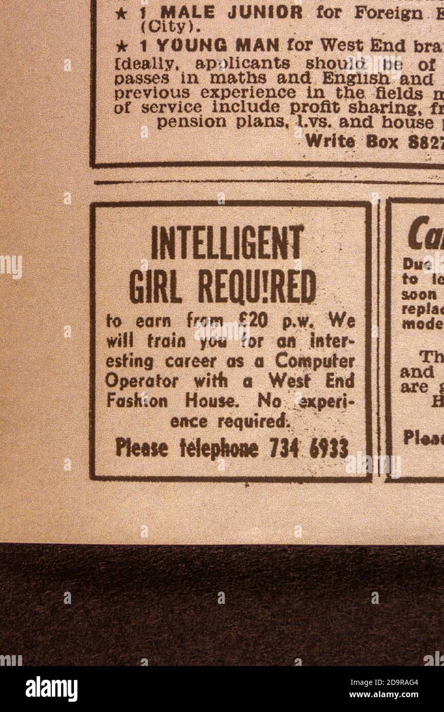 'Intelligent Girl Required' job advert in the Evening Standard souvenir newspaper (replica) for the Apollo 11 Moon landings on 21st July 1969. Stock Photo