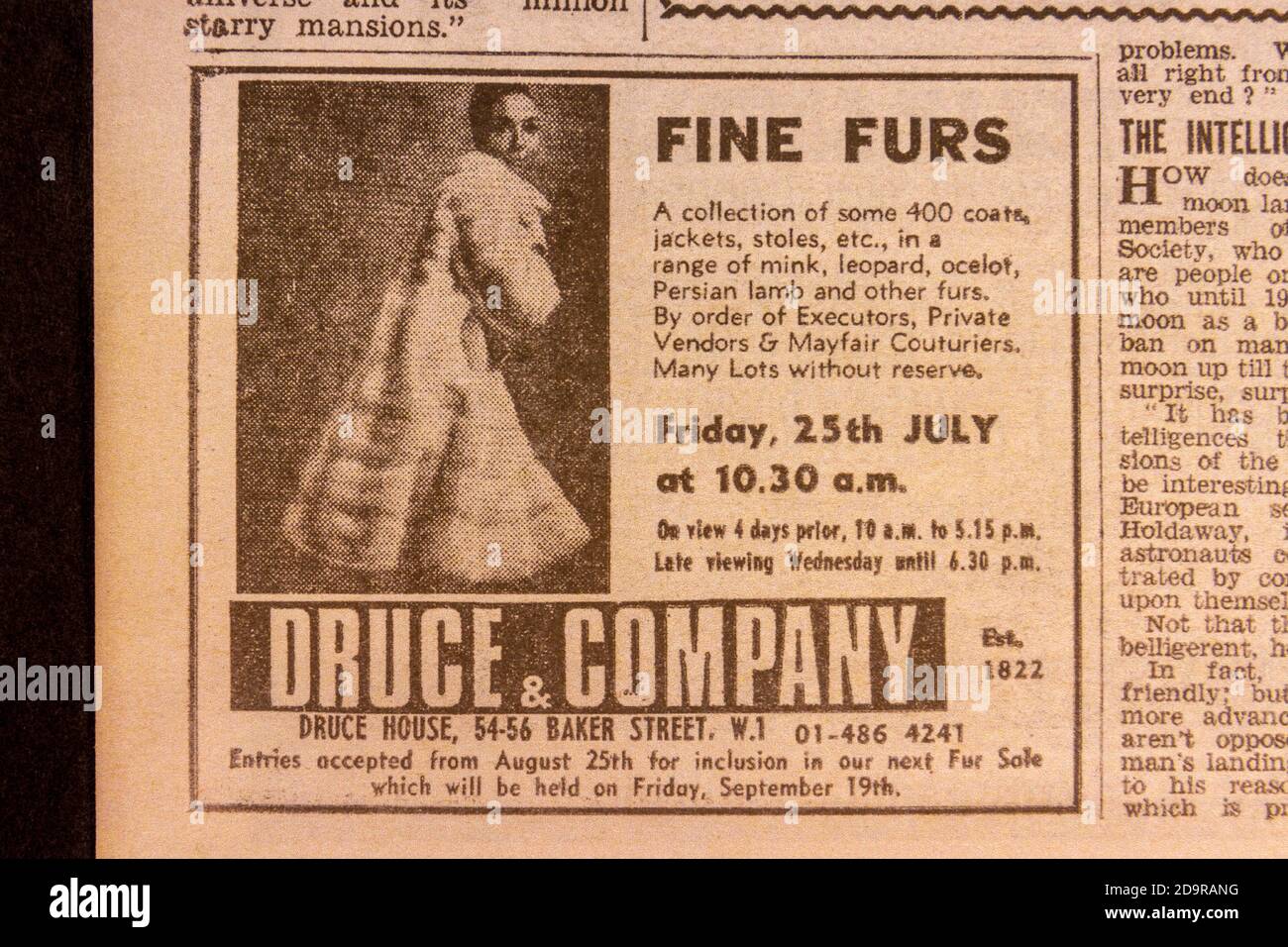 Advert for fine furs Druce & Company inside an Evening Standard souvenir newspaper (replica) for the Apollo 11 Moon landings on 21st July 1969. Stock Photo