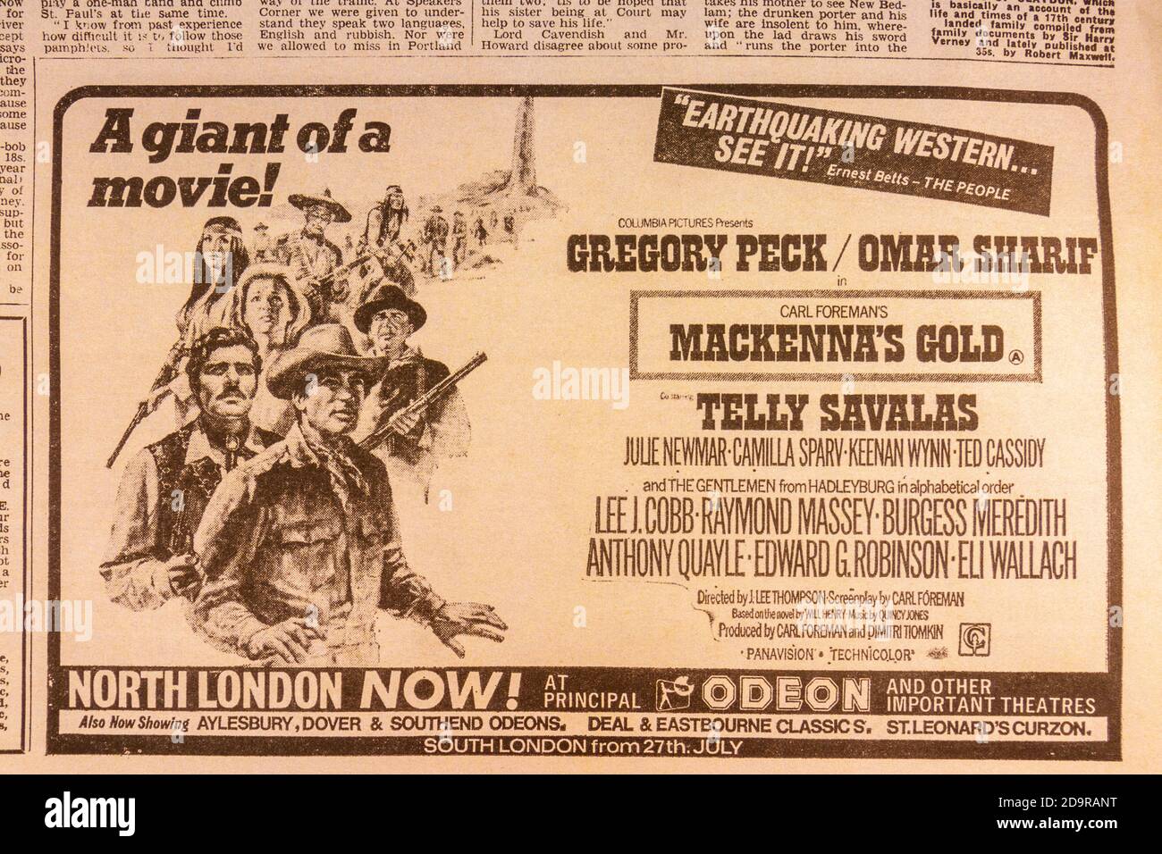 Advert for the film 'Mackenna's Gold' inside an Evening Standard souvenir newspaper (replica) for the Apollo 11 Moon landings on 21st July 1969. Stock Photo