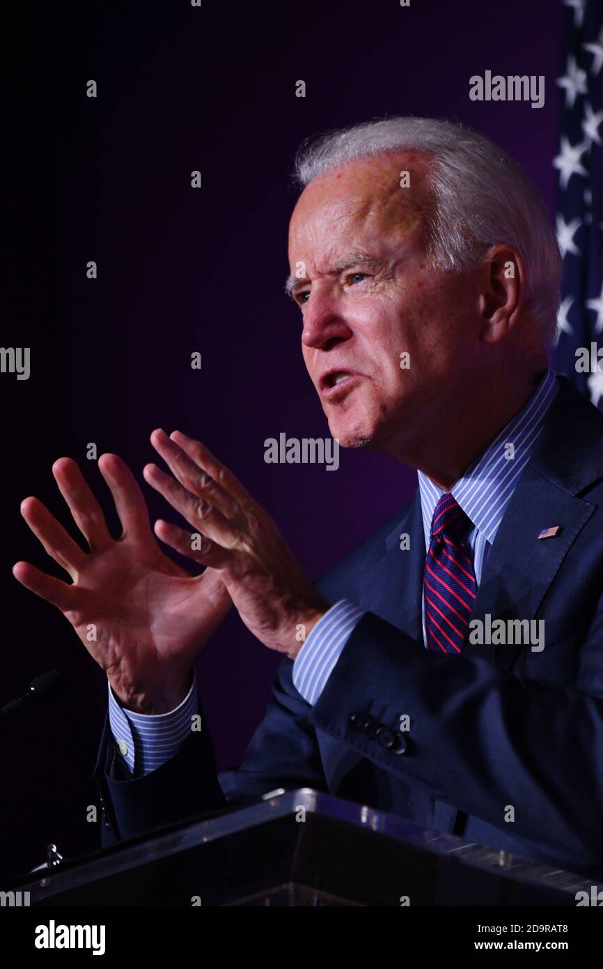 Democratic presidential hopeful former Vice President Joe Biden delivers remarks during the Second Step Criminal Justice Forum at Benedict College October 26, 2019 in Columbia, South Carolina. Stock Photo