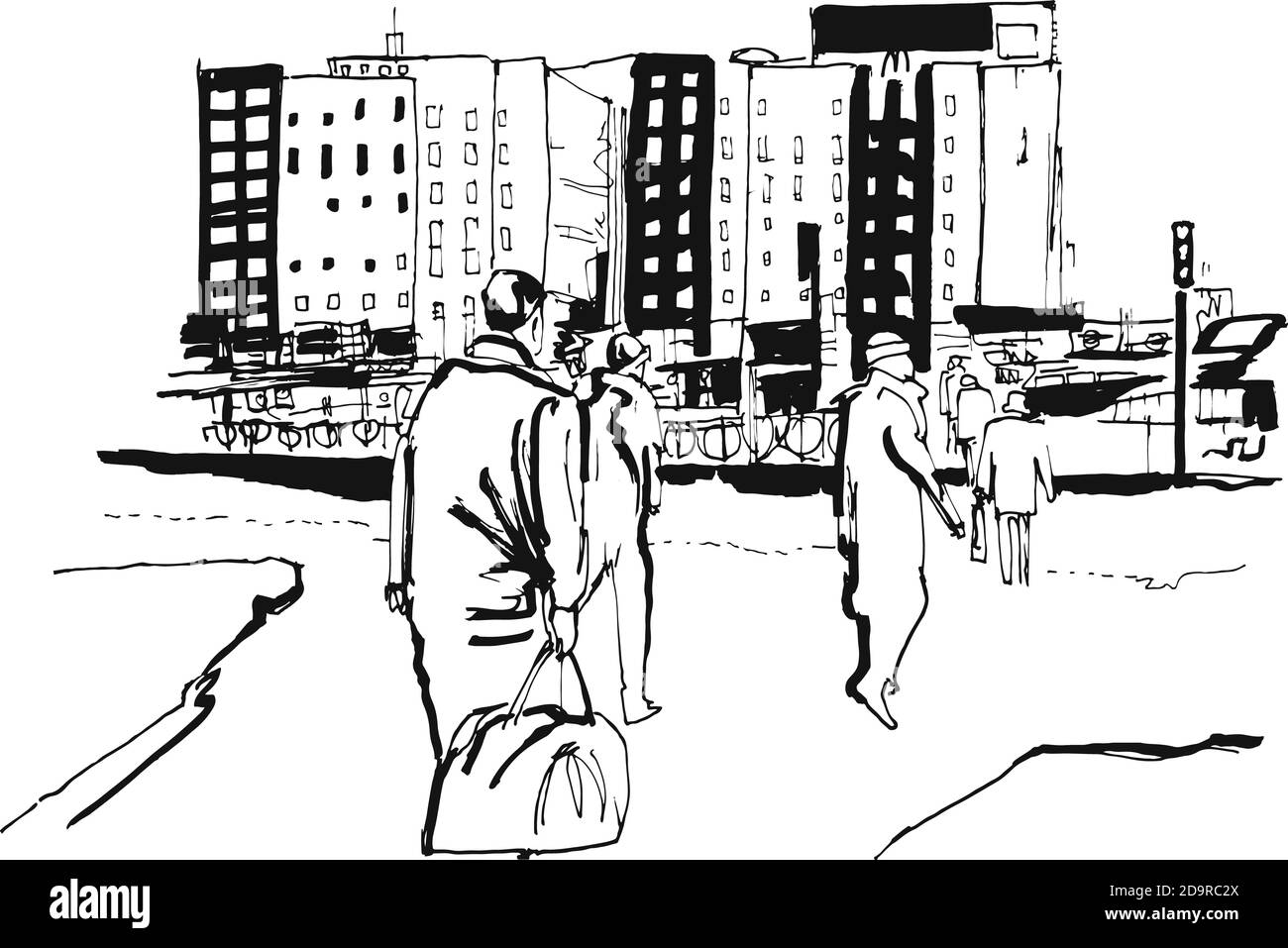 people in the city graphic black and white style lines art Stock Photo
