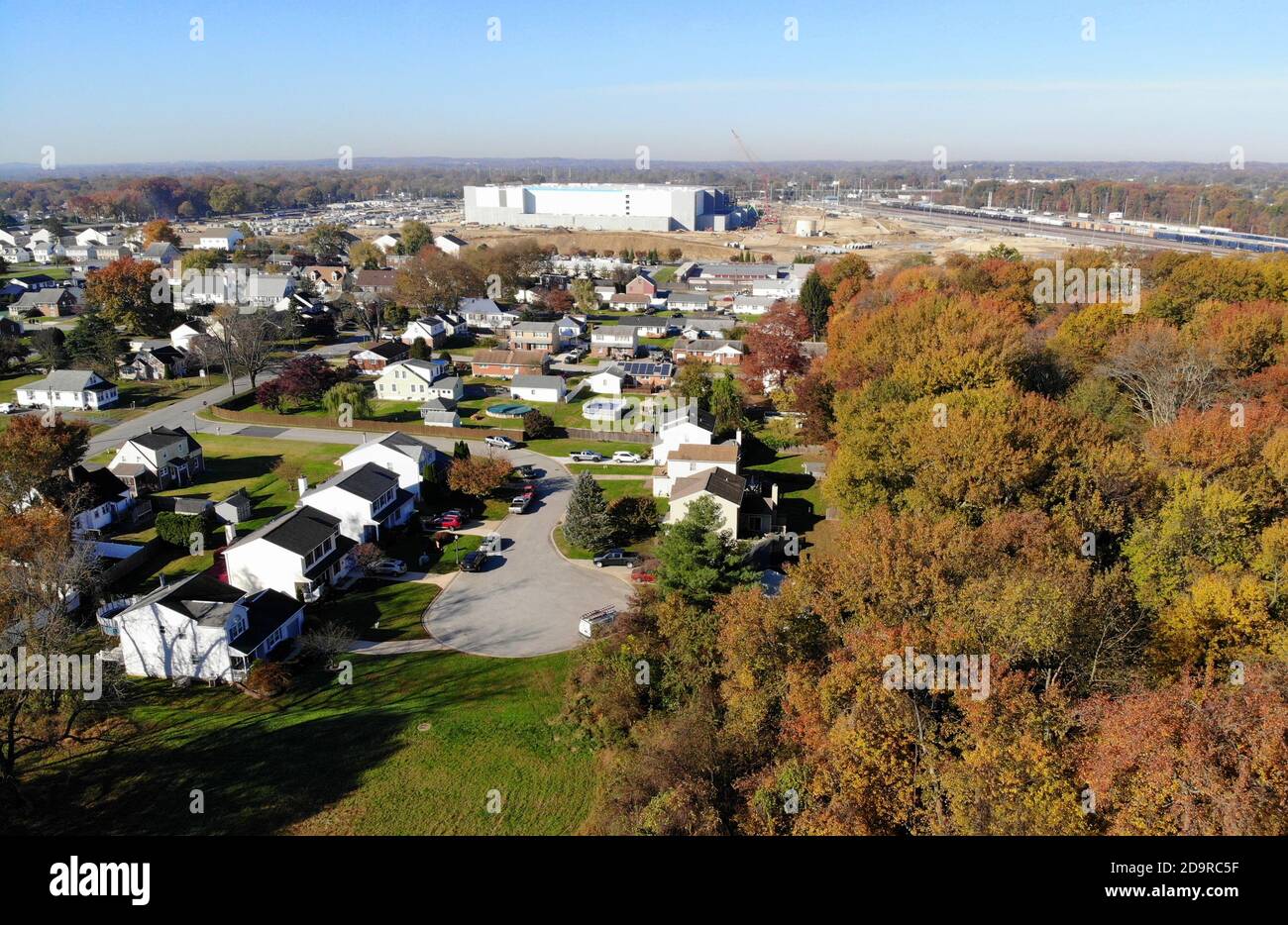 An aerial view of a new amazon warehouse hires stock photography and