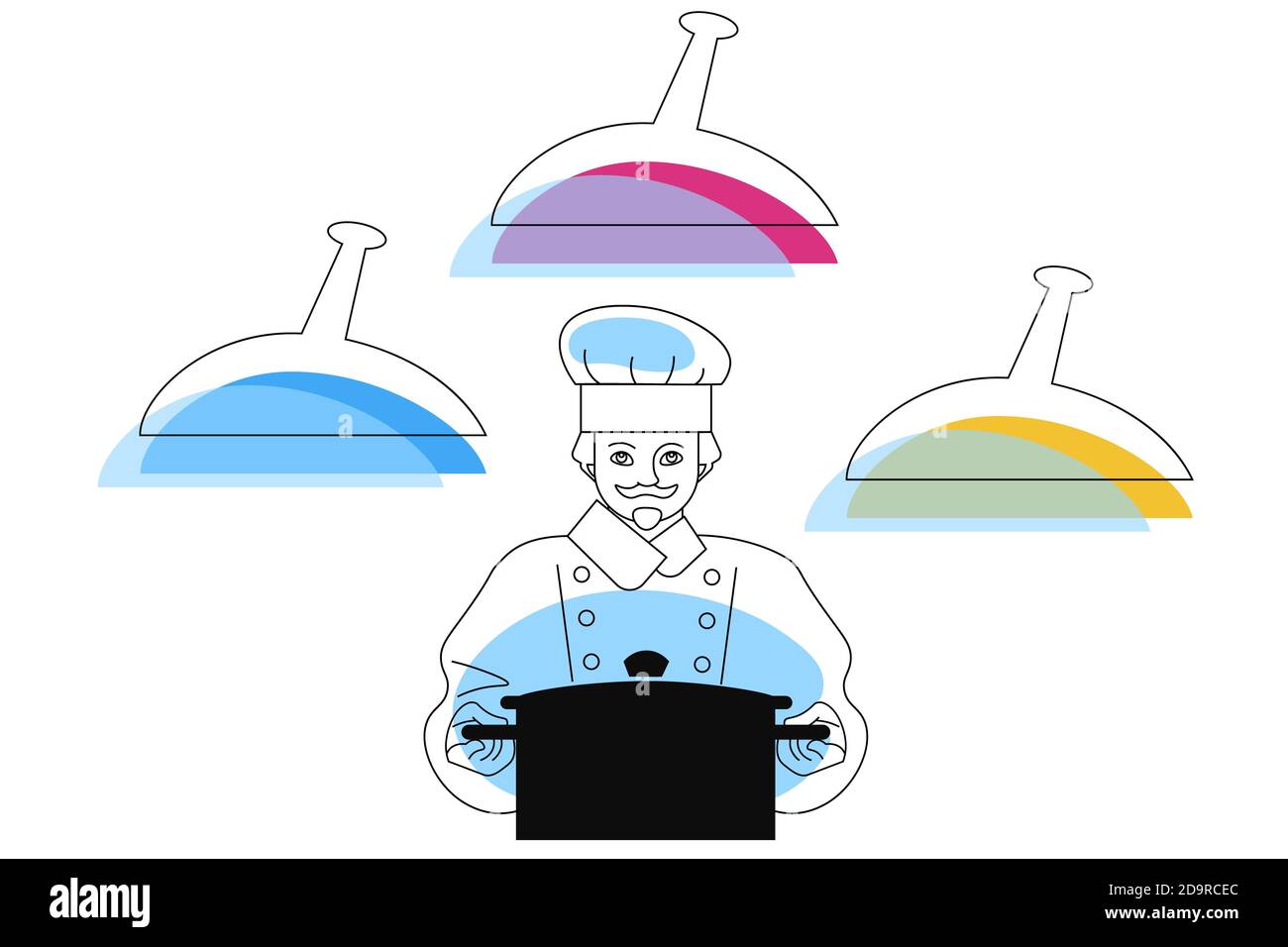 Chef in a classic chef's outfit with a large saucepan. Minimalistic