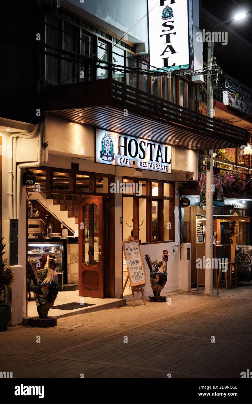 The front of the Hostel hotel, Aguas Calientes, Machu Picchu, Peru (vertical portrait format) Stock Photo