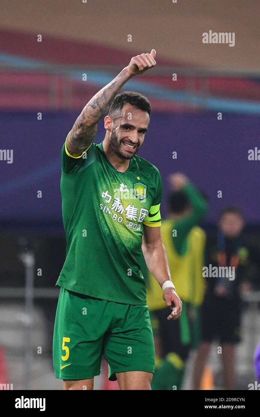 Suzhou, China's Jiangsu Province. 7th Nov, 2020. Renato Augusto of Beijing Guoan reacts during the 19th round match between Beijing Guoan and Shanghai SIPG at the 2020 season Chinese Football Association Super League (CSL) Suzhou Division in Suzhou, east China's Jiangsu Province, Nov. 7, 2020. Credit: Li Bo/Xinhua/Alamy Live News Stock Photo