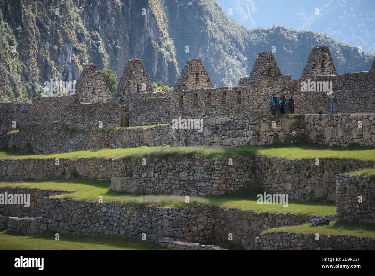 Tourist group and guide on tiered terraces at Machu Picchu, Peru Stock Photo