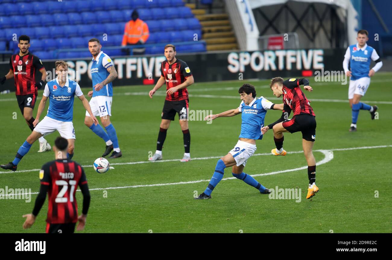 AFC Bournemouth's David Brooks scores his side's second goal of the game during the Sky Bet Championship match at St. Andrew's Trillion Trophy Stadium, Birmingham. Stock Photo