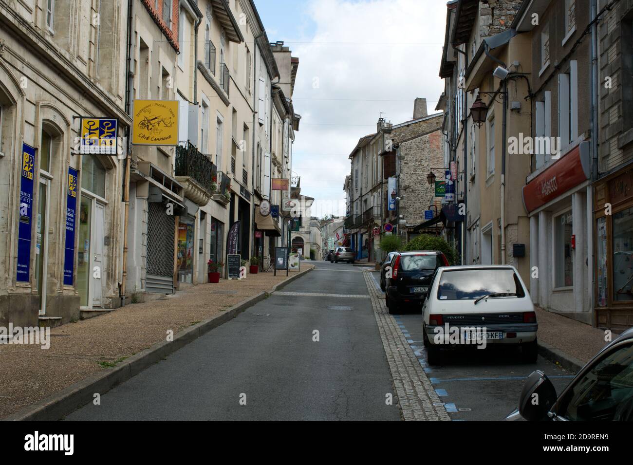 Rue Carnot, part of the main street through the centre of Nontron. Stock Photo