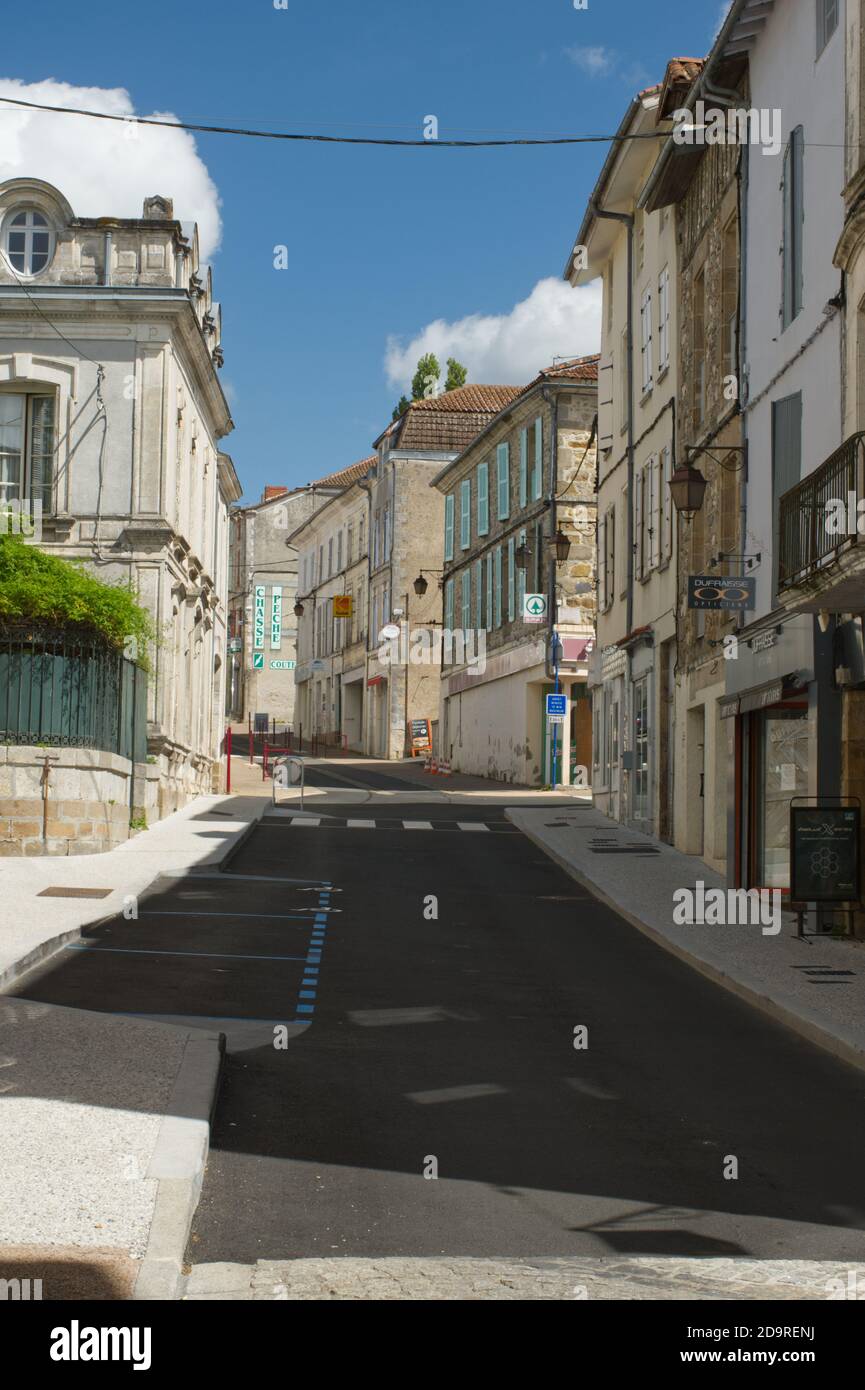 Rue de Verdun, part of the main street in the centre of Nontron. Stock Photo
