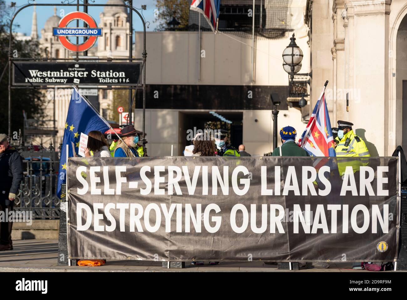Anti government protest banner outside Parliament in Westminster, London, UK. Self serving liars are destroying our nation. Protesting Stock Photo