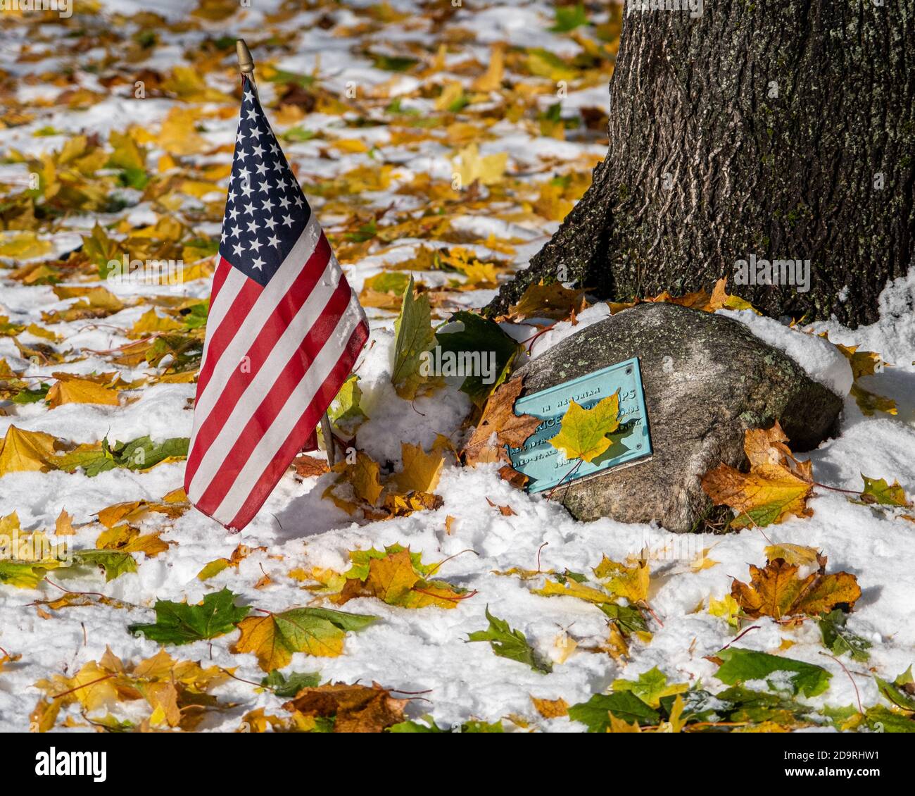 An American flag  marks a small monument on the Petersham, MA town common Stock Photo