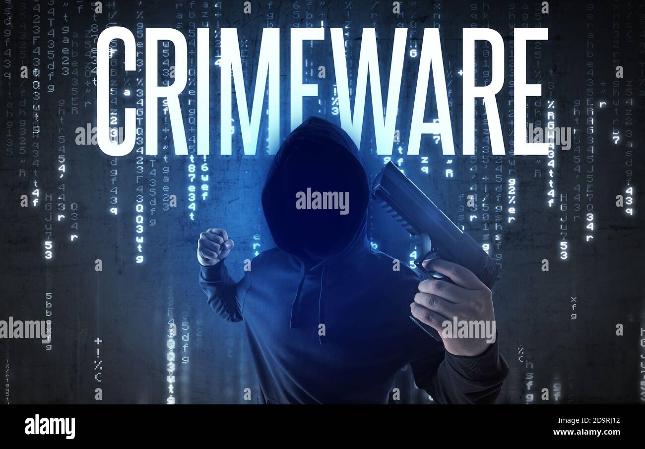 Faceless hacker with CRIMEWARE inscription, hacking concept Stock Photo