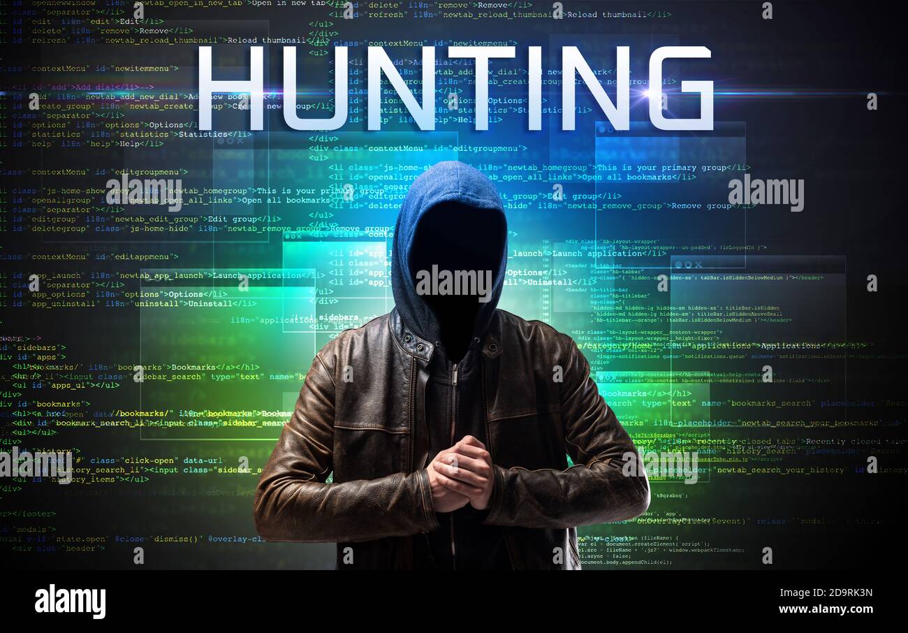 Faceless hacker with HUNTING inscription on a binary code background ...