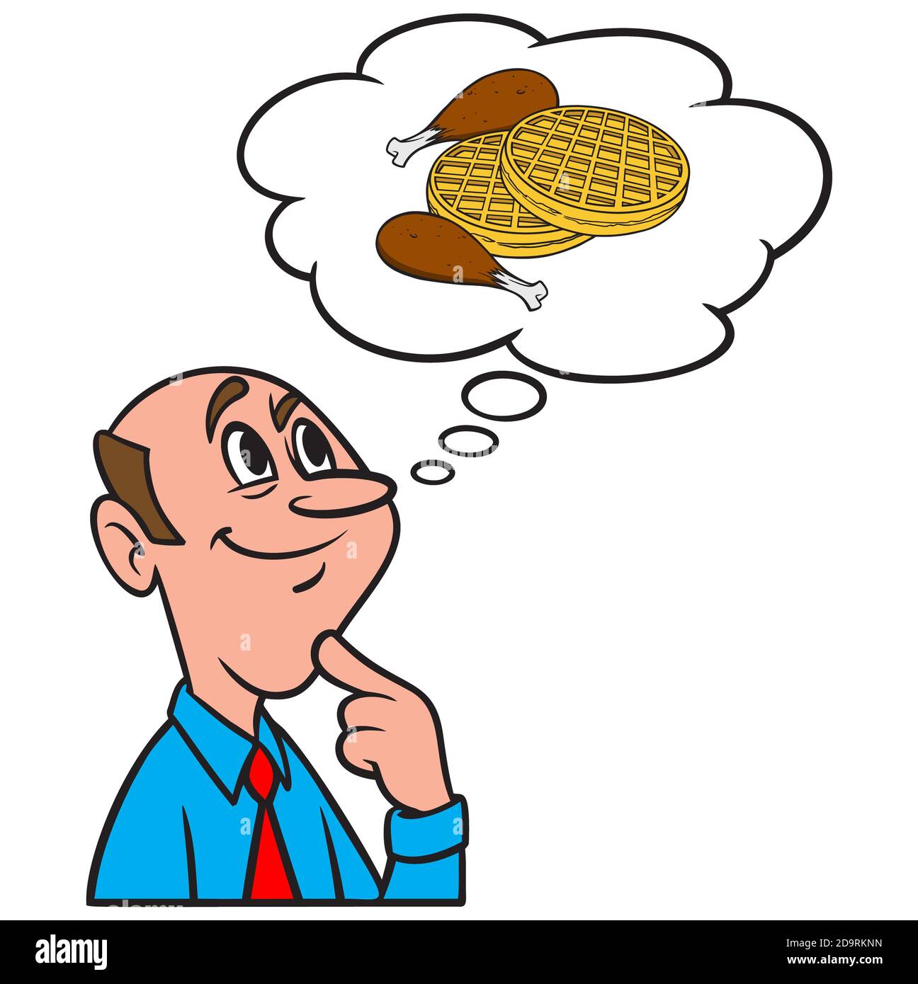 Thinking about Chicken and Waffles A cartoon illustration of a man thinking about Chicken and