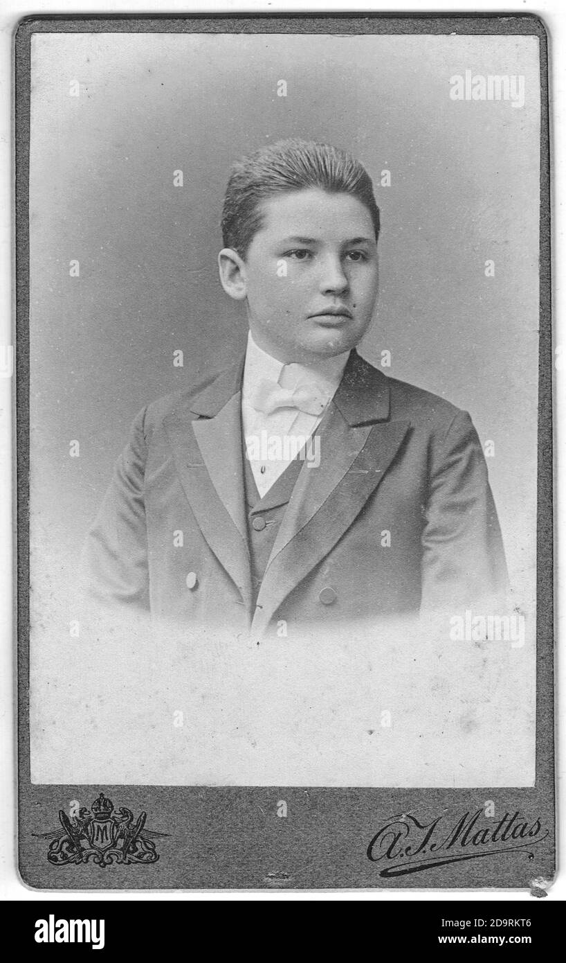 Vintage cabinet card shows portrait of the young man wearing bow tie. Photo was taken in a photo studio. Edwardian era. Photo was taken in Austro Stock Photo