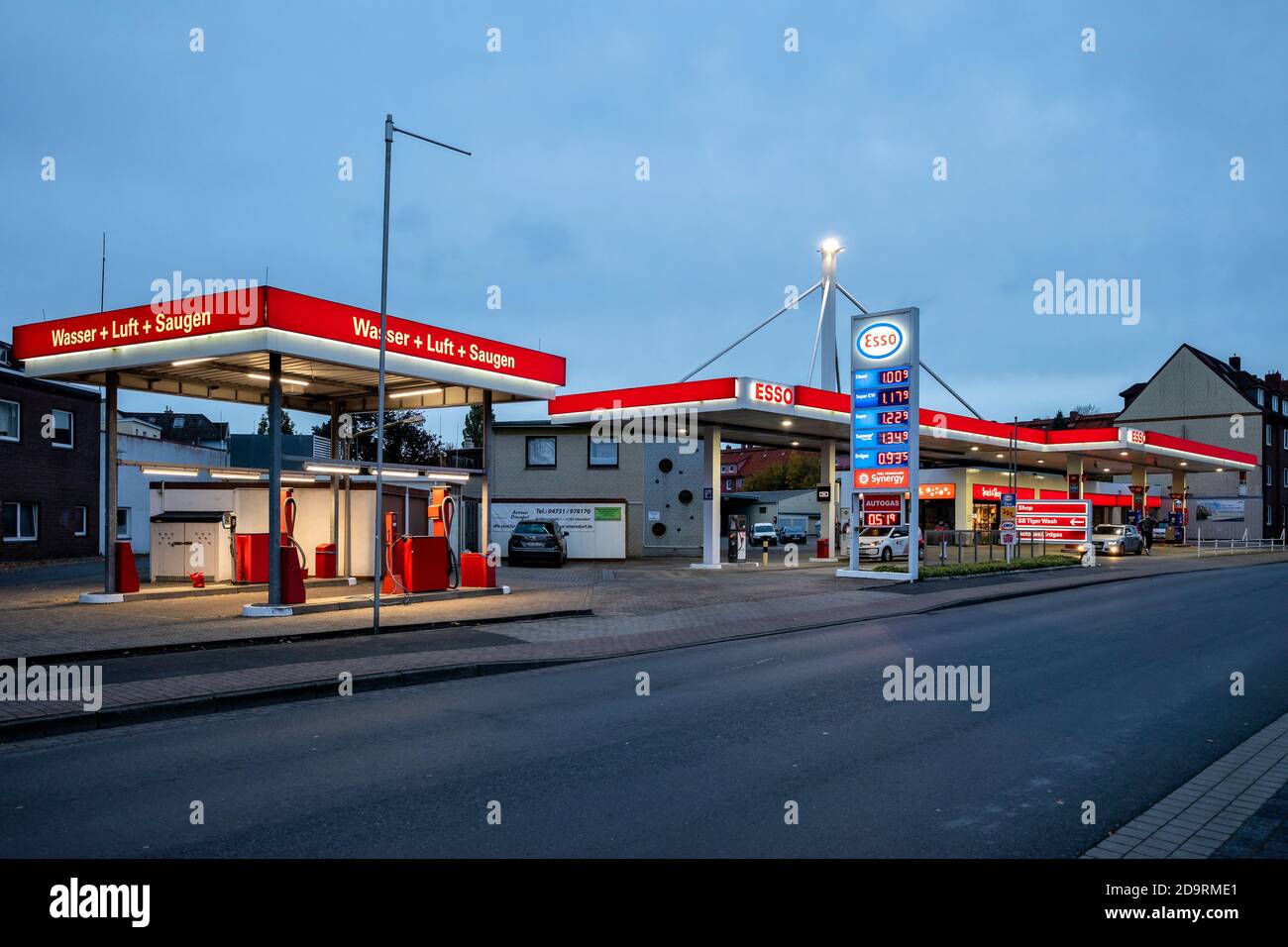 Esso gas station in Cuxhaven, Germany. Esso is ExxonMobil’s primary gasoline brand worldwide. Stock Photo