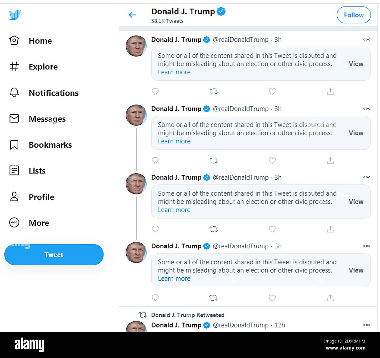 USA. 7th November 2020. Four consecutive tweets by Donald Trump are qualified with warnings by Twitter as 'disputed and might be misleading' Credit: Phil Robinson/Alamy Live News Stock Photo