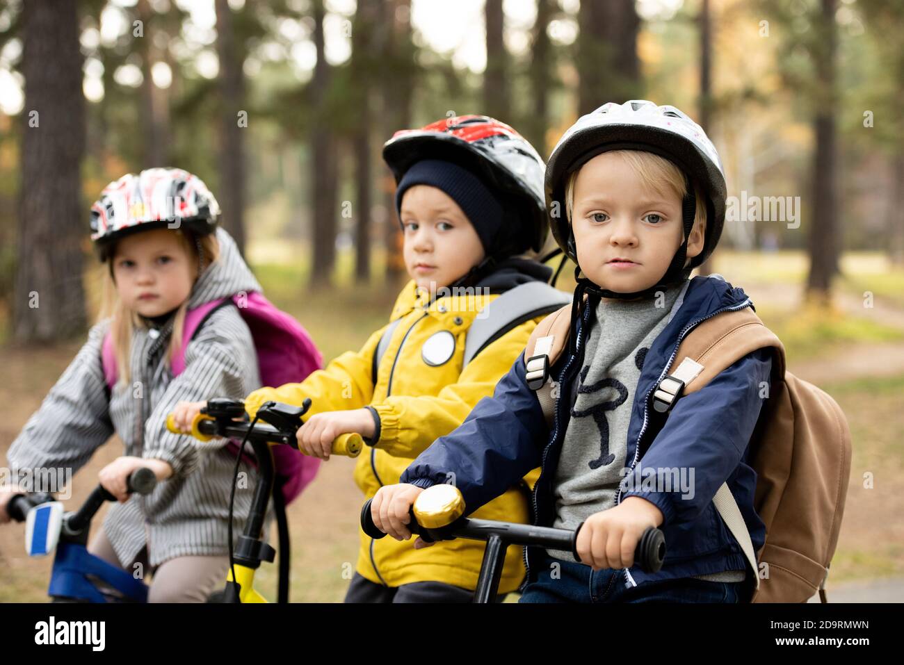 Group of cute little kids in protective helmets sitting on their