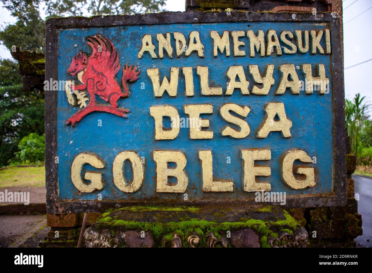 Bali, Indonesia- March 09, 2013. The traditional village of Gobleg in Bali is one of the best preserved traditional villages. Sign at the entrance to Stock Photo