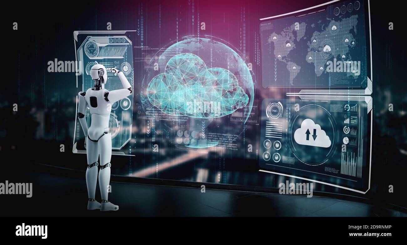 AI robot using cloud computing technology to store data on online server . Futuristic concept of cloud information storage analyzed by machine Stock Photo - Alamy AI robot using cloud computing technology to store data on online server . Futuristic concept of cloud information storage analyzed by machine Stock Photo - Alamy