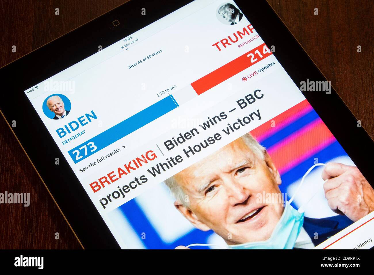 Chippenham, Wiltshire, UK. 7th November, 2020. An article on the BBC News website declaring that Joe Biden has won the 2020 US Presidential election is pictured being viewed on an iPad in Chippenham, Wiltshire. Credit: Lynchpics/Alamy Live News Stock Photo
