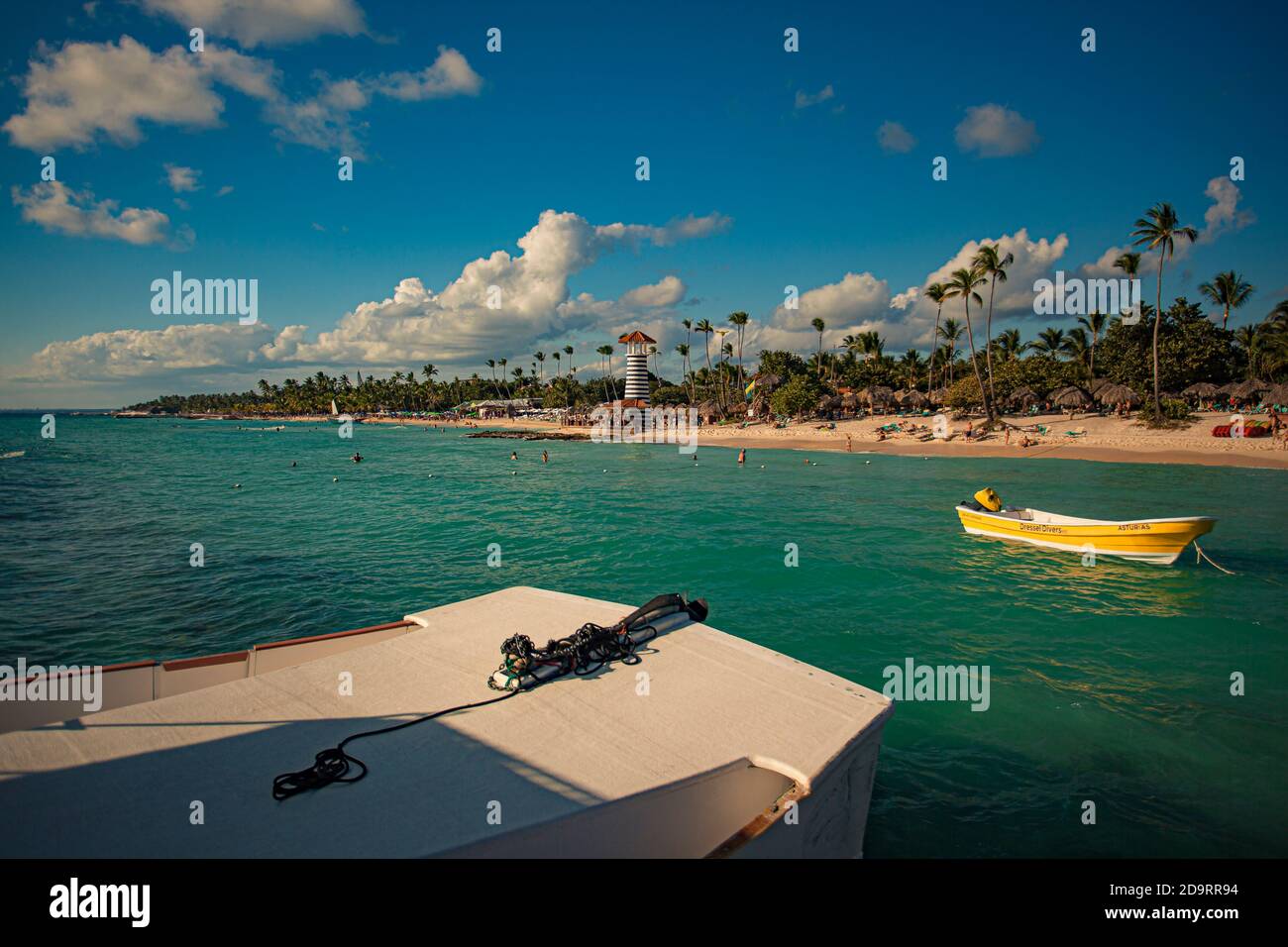 DOMINICUS, DOMINICAN REPUBLIC 6 FEBRAURY 2020: Dominicus Beach from the sea detail at sunset, Dominican republic Stock Photo