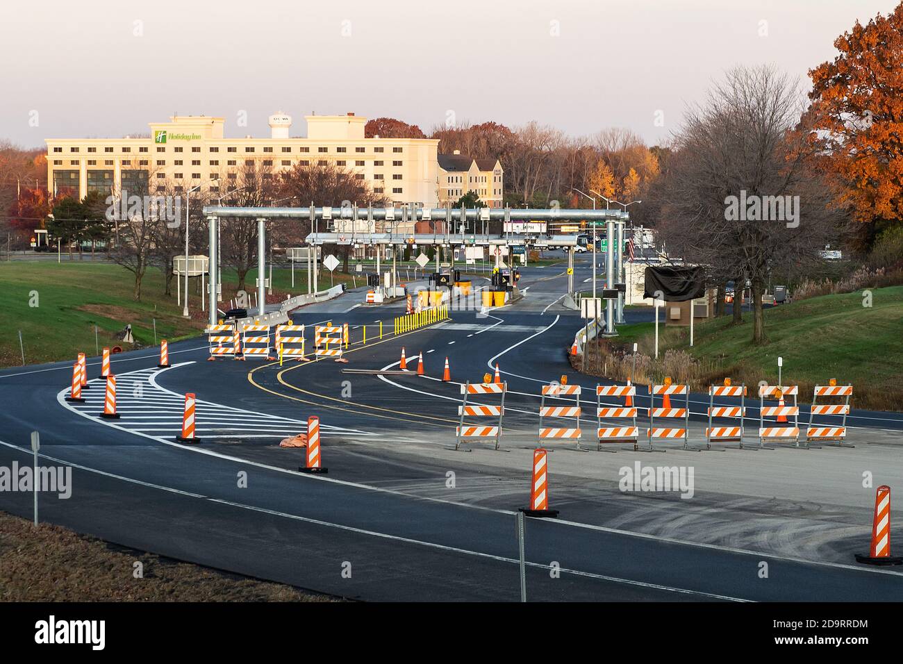 Liverpool, New York, USA. November 7, 2020. Cashless tolling system being installed to replace toll booths along the New York State Thruway at the Ele Stock Photo