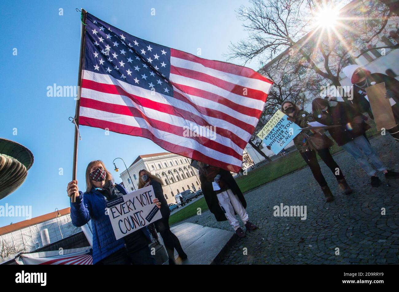 Munich, Bavaria, Germany. 7th Nov, 2020. On the eve of a seemingly inevitable win by Joe Biden, the Democrats Abroad US expatriate community of Munich, Germany assembled to support the ''Every Vote Counts'' fight to prevent disenfranchisement by the Trump Administration. In what may be a first in history, all processes were transparently monitored, televised, and clearly explained in real time to the voting public with the expectation of charges of voting fraud and irregularities by the Trump administration. Thus far, no credible evidence of fraud has been found with Nevada, Arizona, Penn Stock Photo