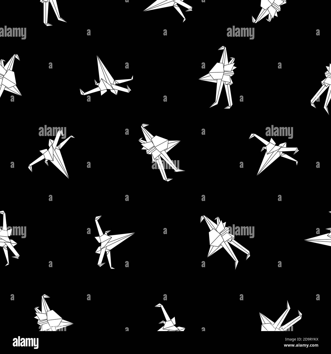 Seamless pattern of space fighters on black background. Paper origami spaceship ornament. Polygonal decor for fabrics, wallpaper and etc. Vector black and white cosmic illustration Stock Vector