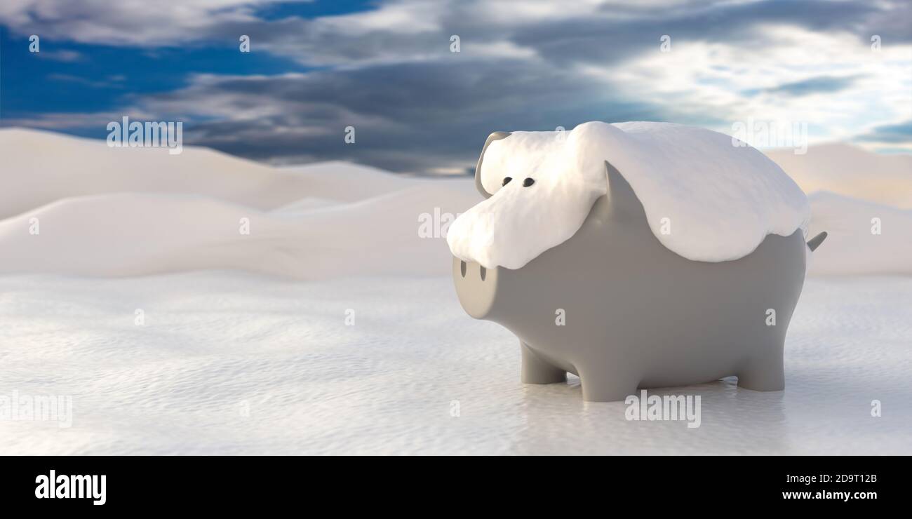 Piggy bank snow covered in winter landscape, blue cloudy sky background, copy space. Holiday season costs and savings concept. 3d illustration Stock Photo