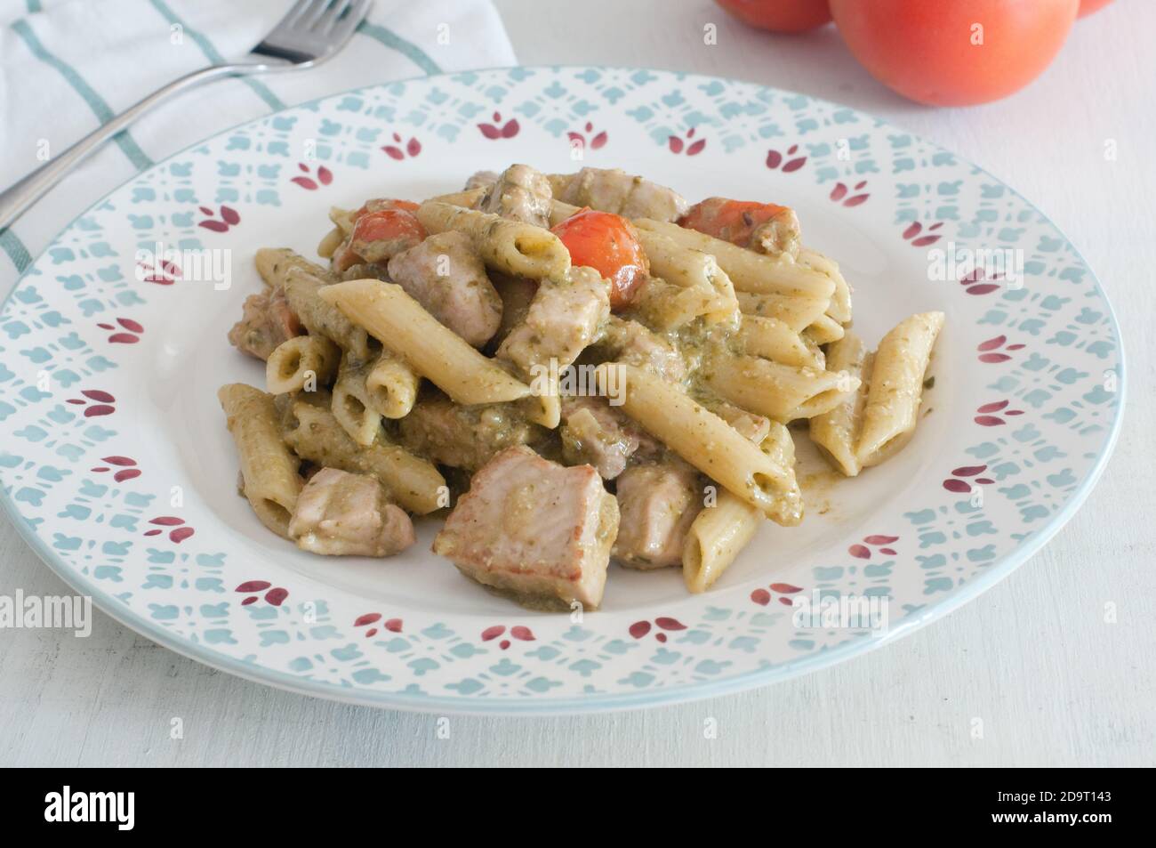 Carlofortina pasta with Genoese pesto and tuna Stock Photo