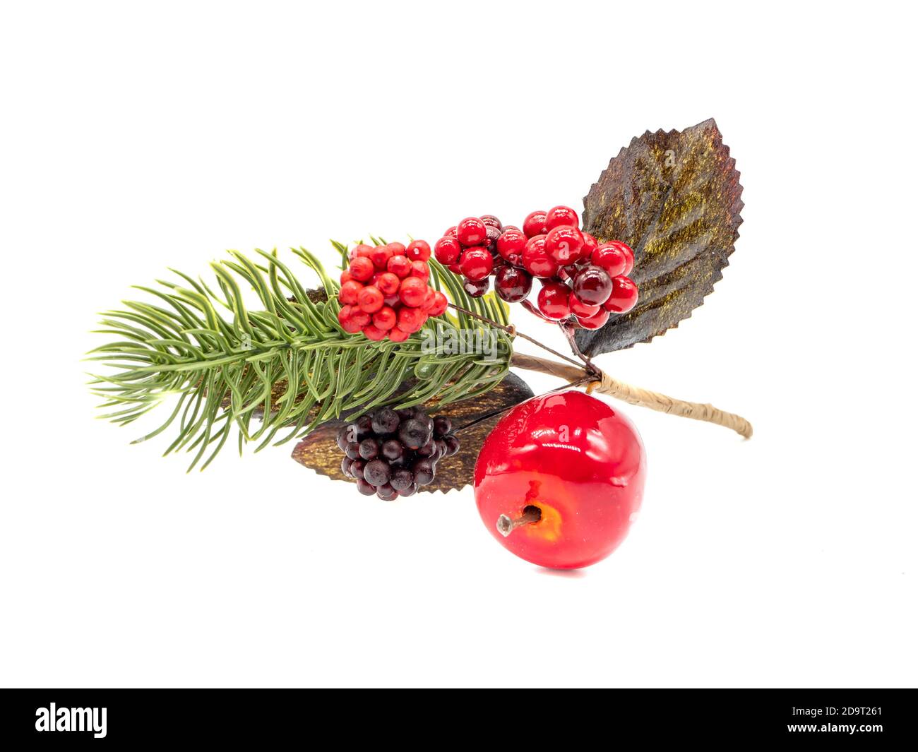 Tree branch with Christmas decorations isolated on white background ...