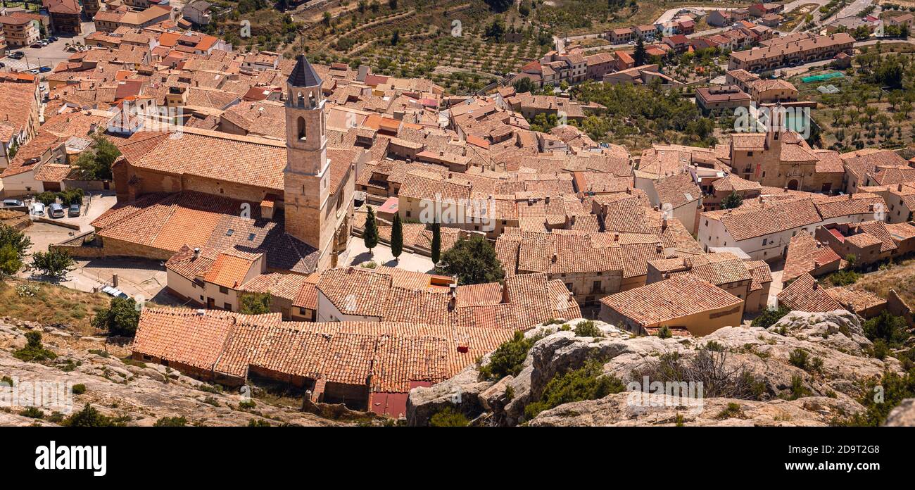 Aerial View of the Village of Castellote as seen from the Castle, Teruel, Spain Stock Photo