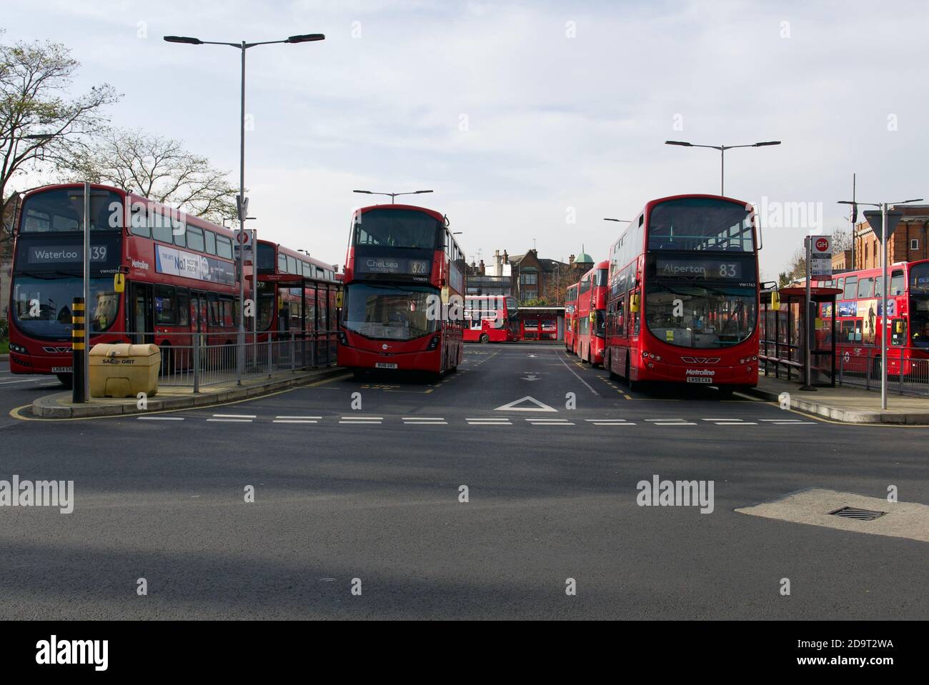 Red london buses parked at Golders Green Bus Station, North London. Stock Photo