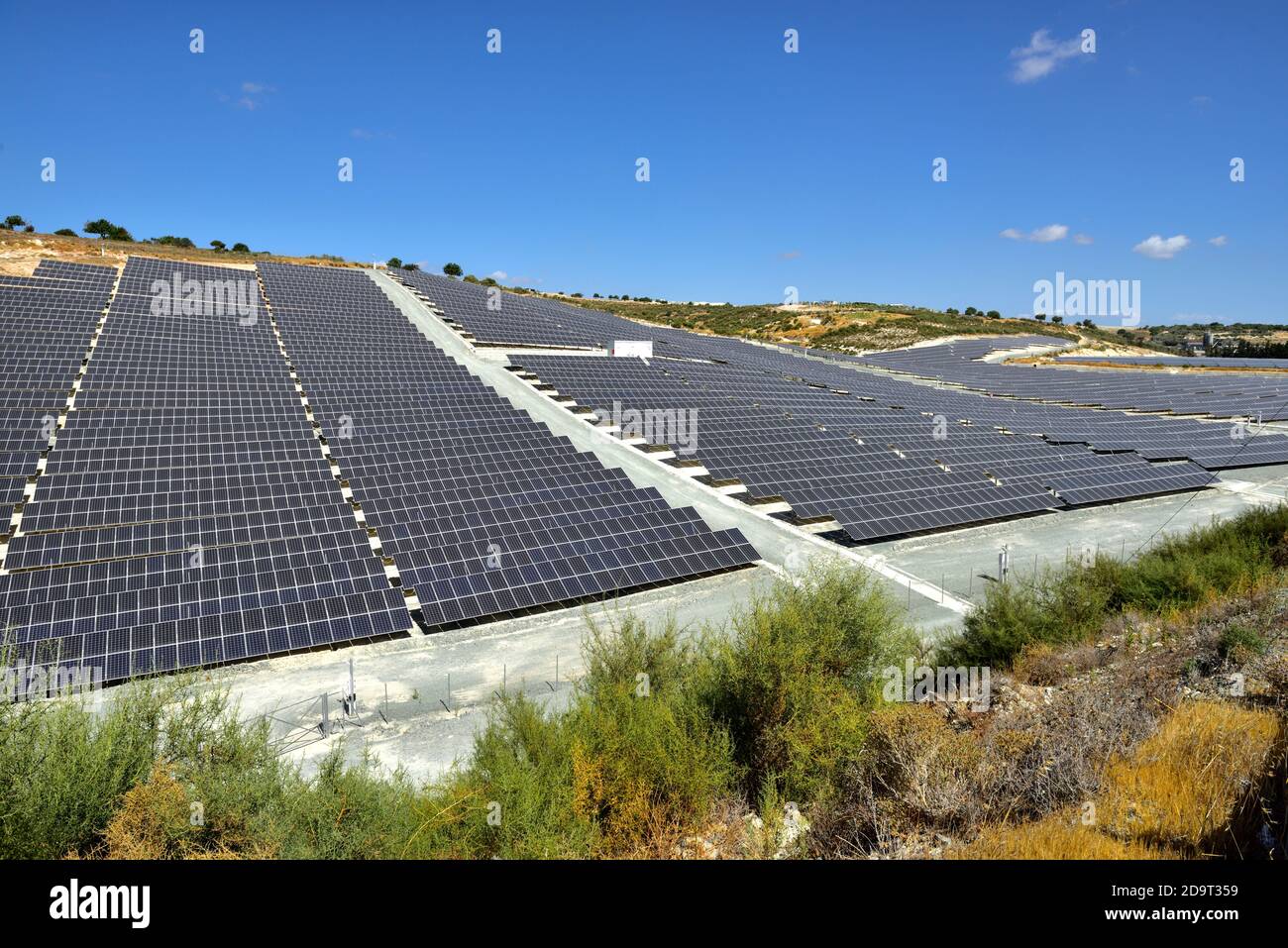 Large solar panel array generating electricity for the grid, Pissouri Solar park capable of generating 1.5 MW, Cyprus Stock Photo