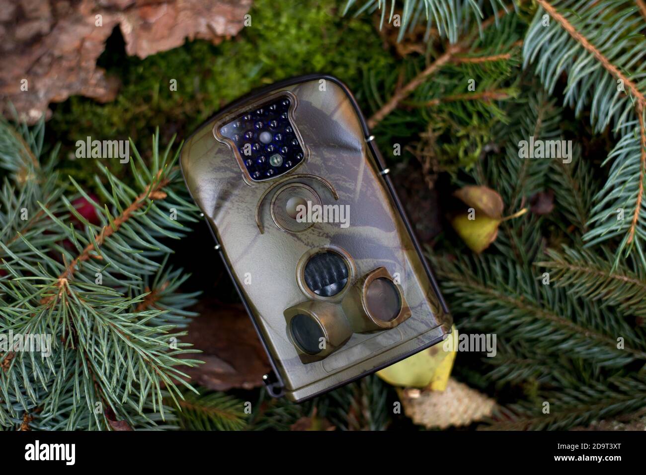 Advertising photo of Trap or Hunting Camera With Infrared Light and a motion detector on the Forest Floor Stock Photo