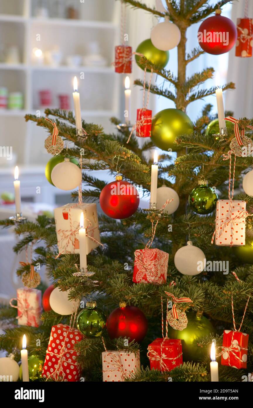 Christmas tree embellished with Christmas gifts UK USE ONLY/EMAIL TO