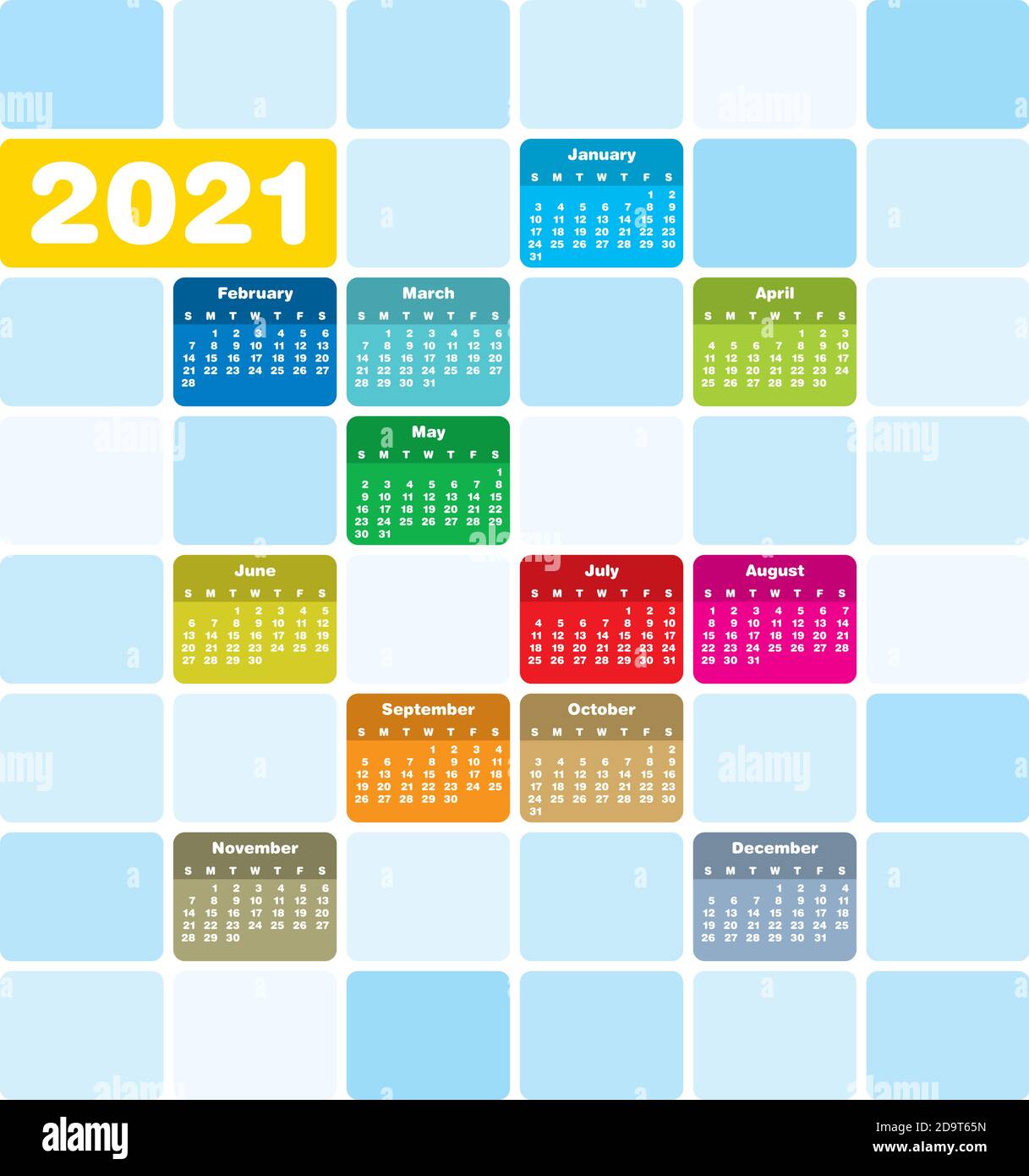 Colorful Calendar for Year 2021, in vector format. Stock Vector