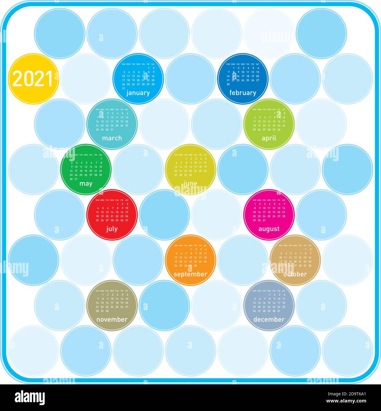 Colorful Circles Calendar for Year 2021, in vectors Stock Vector