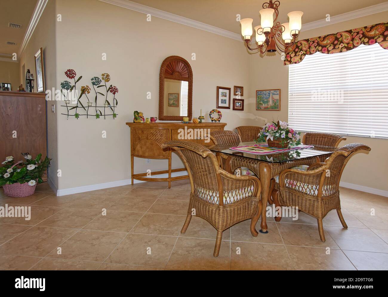 dining room, table, chairs, hunt board, mirror, natural color wicker