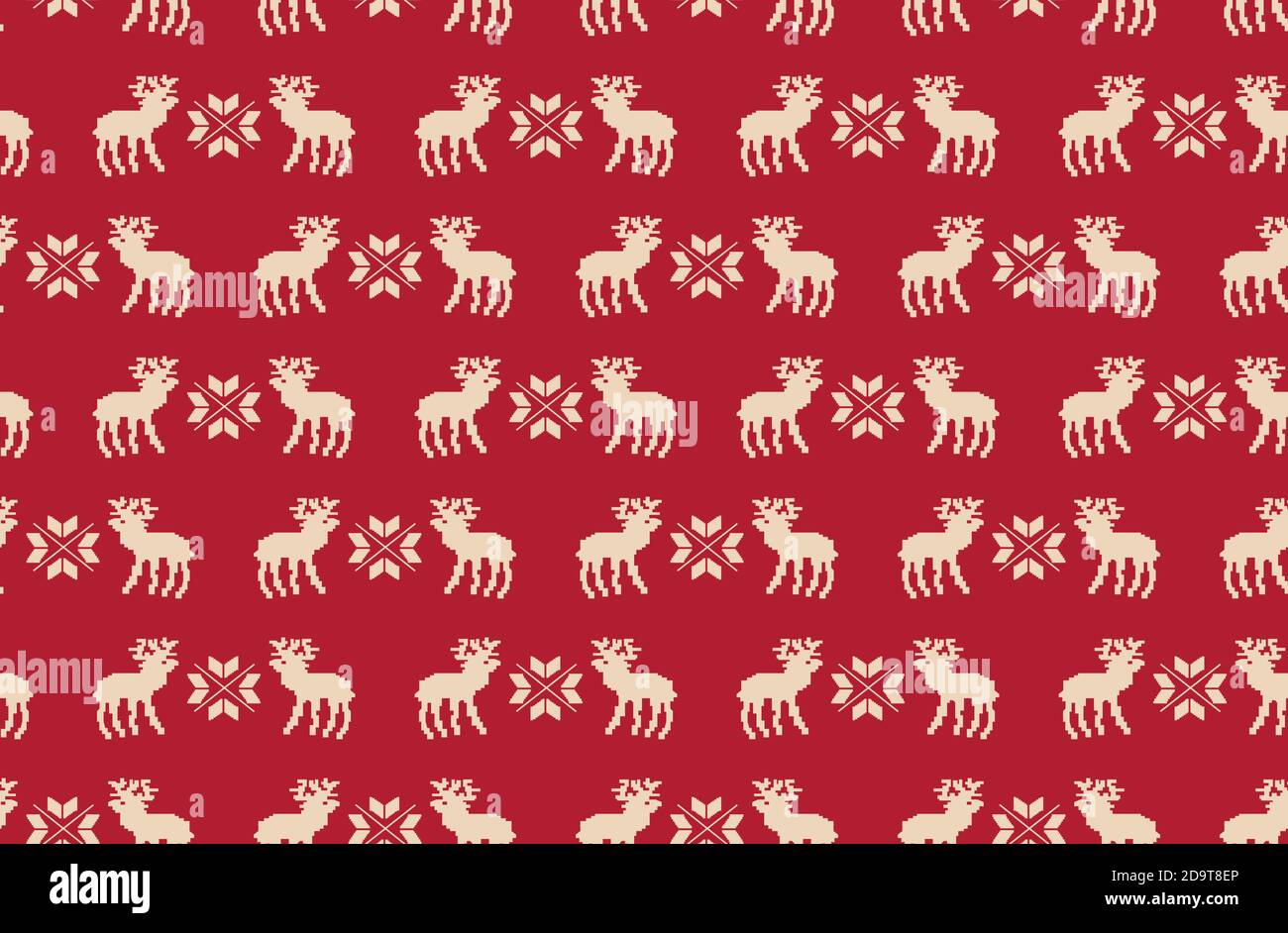 Seamless pattern of Christmas reindeer pixel art on a red background. Stock Vector
