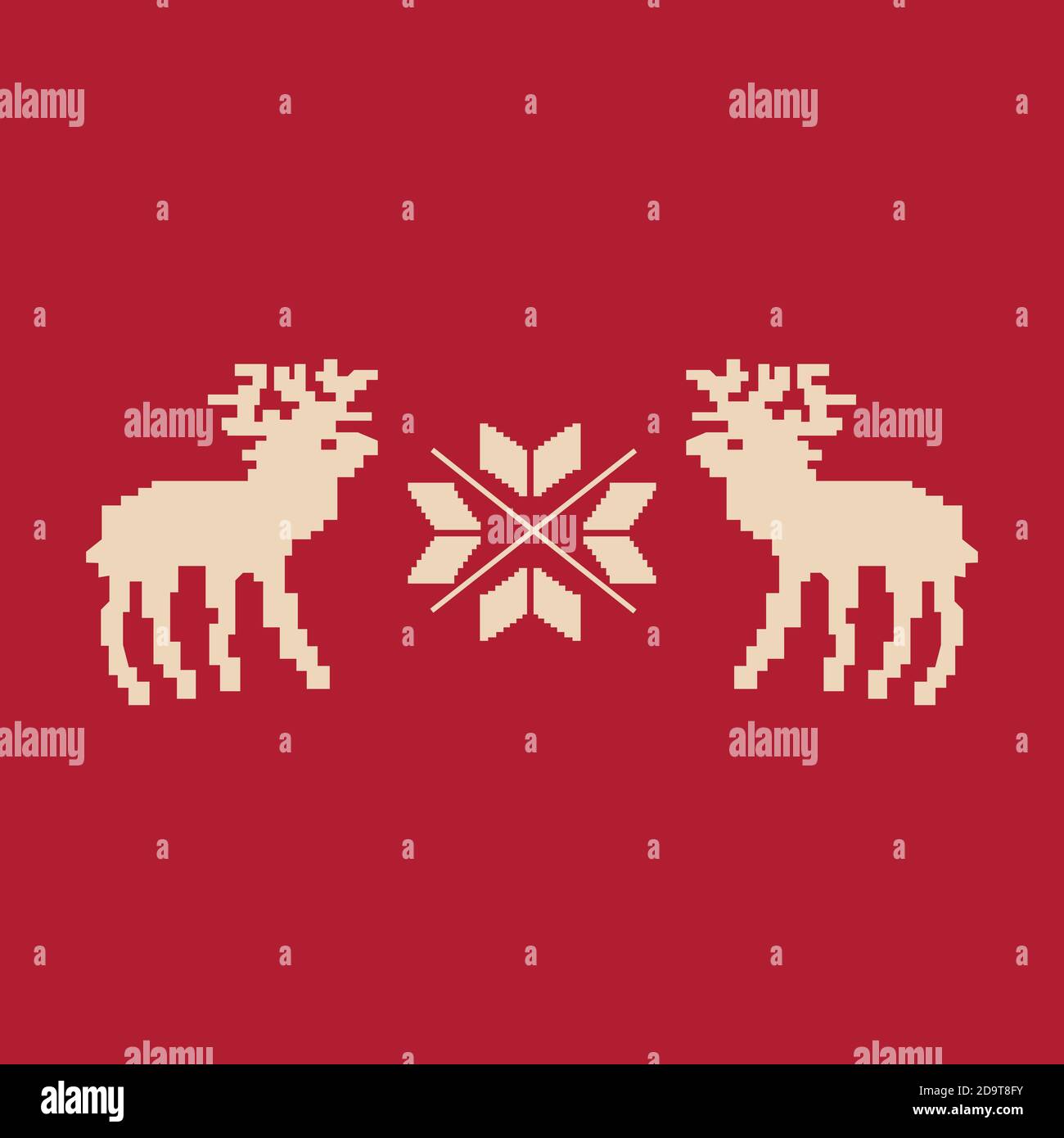 Christmas reindeer pixel art isolated on red background Stock Vector